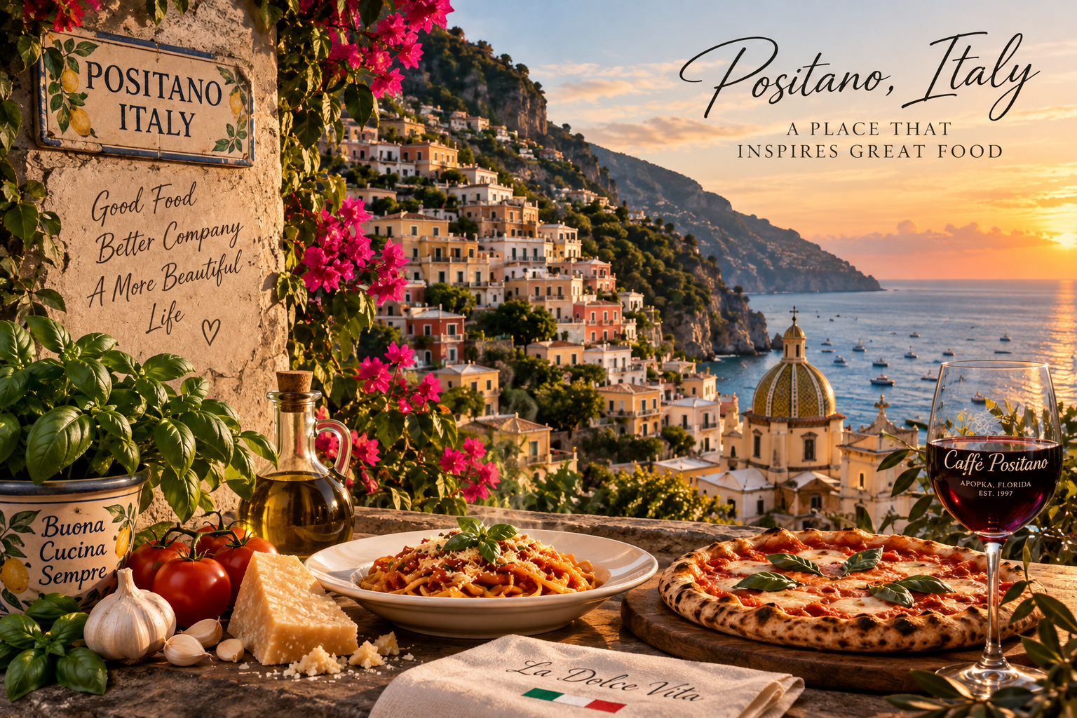 Positano, Italy and Italian cuisine inspiring Caffè Positano in Apopka, Florida